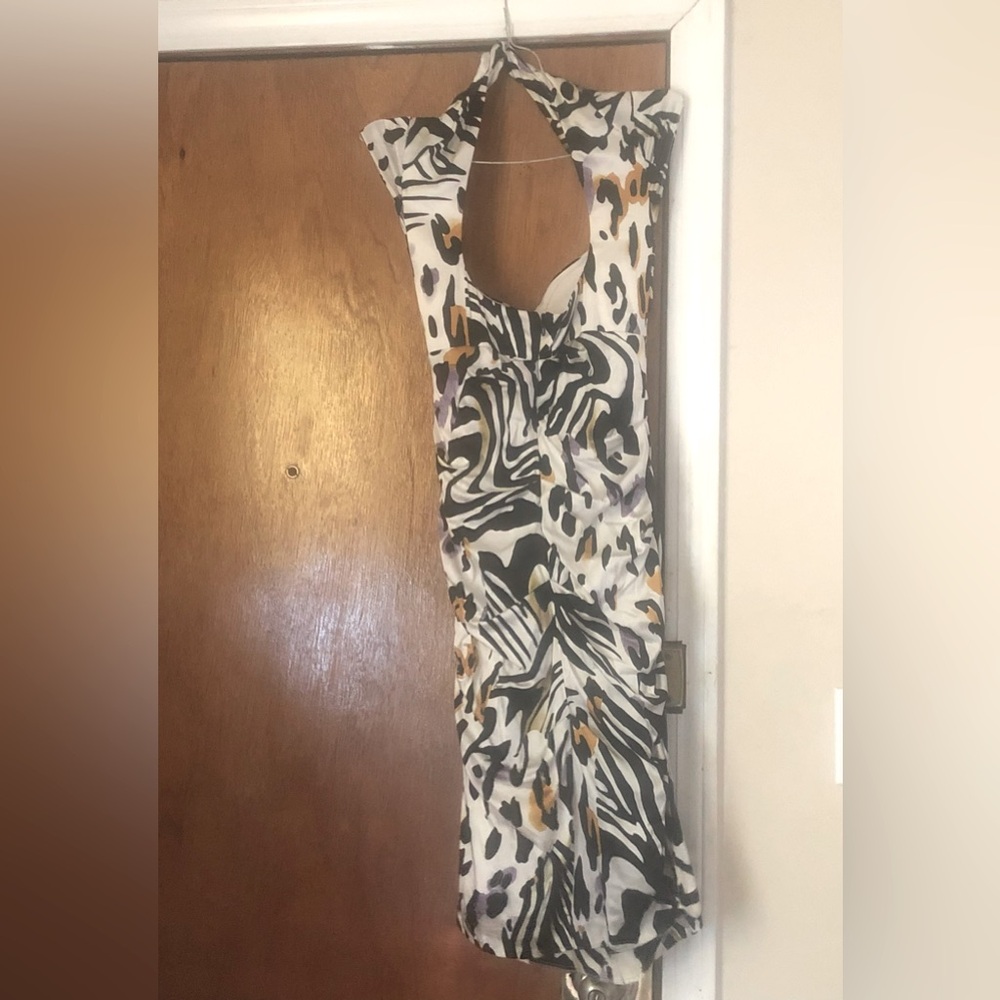 Cache Silk Animal Print MIDI DRESS CAP SLEEVES SLEEK BODYCON FIT PADDED BRA SZ 2 - Picture 4 of 16